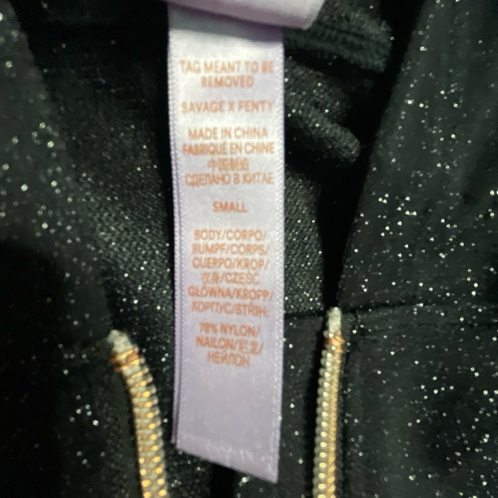 Savage x Fenty Jumpsuit Small Black Glitter Hooded Loungewear Zip Up Stretch - Picture 9 of 14
